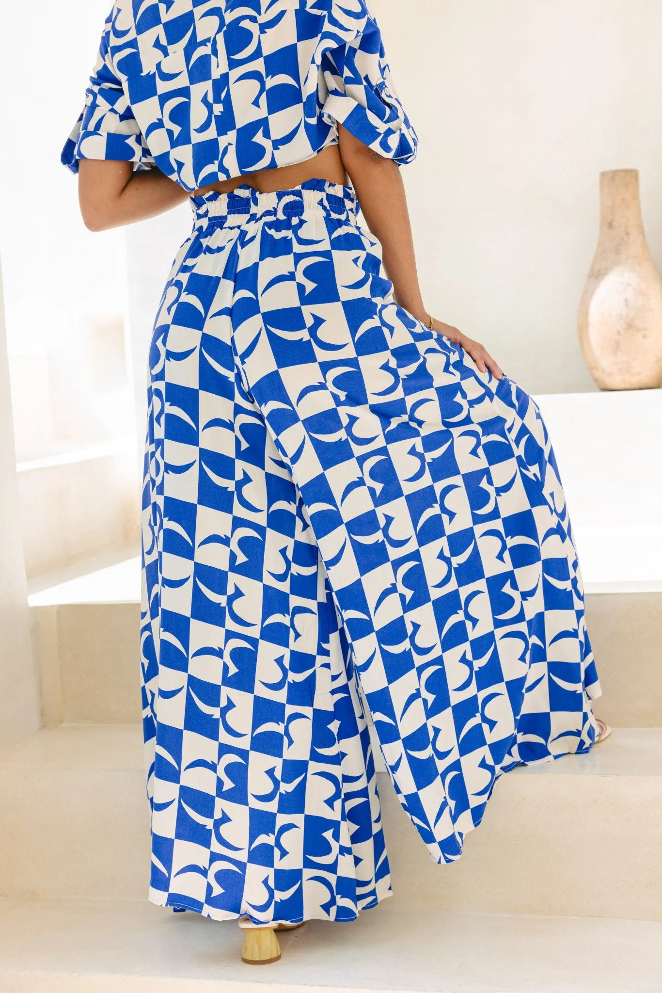 Nysa Blue Geo Tile Wide Leg Cropped Pants