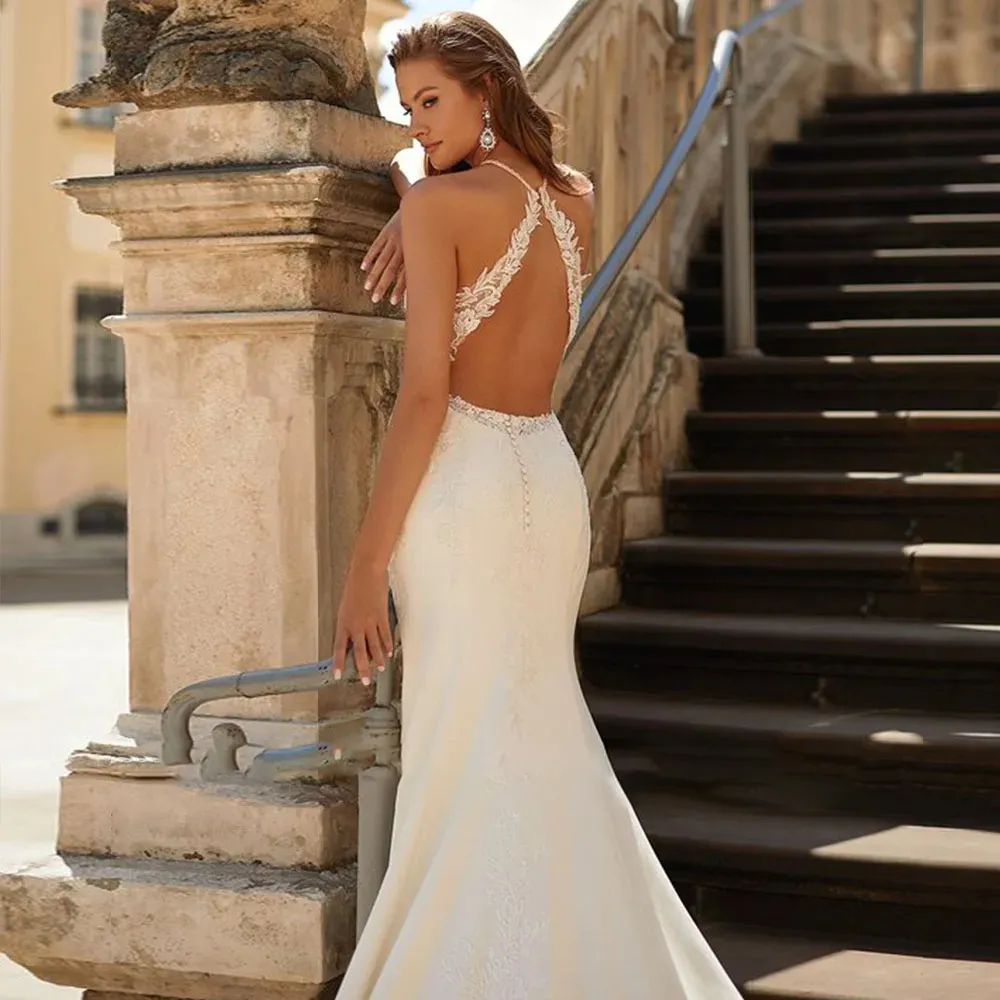 Off-the-Shoulder Mermaid Wedding Dress with Appliques Backless Bridal Gown