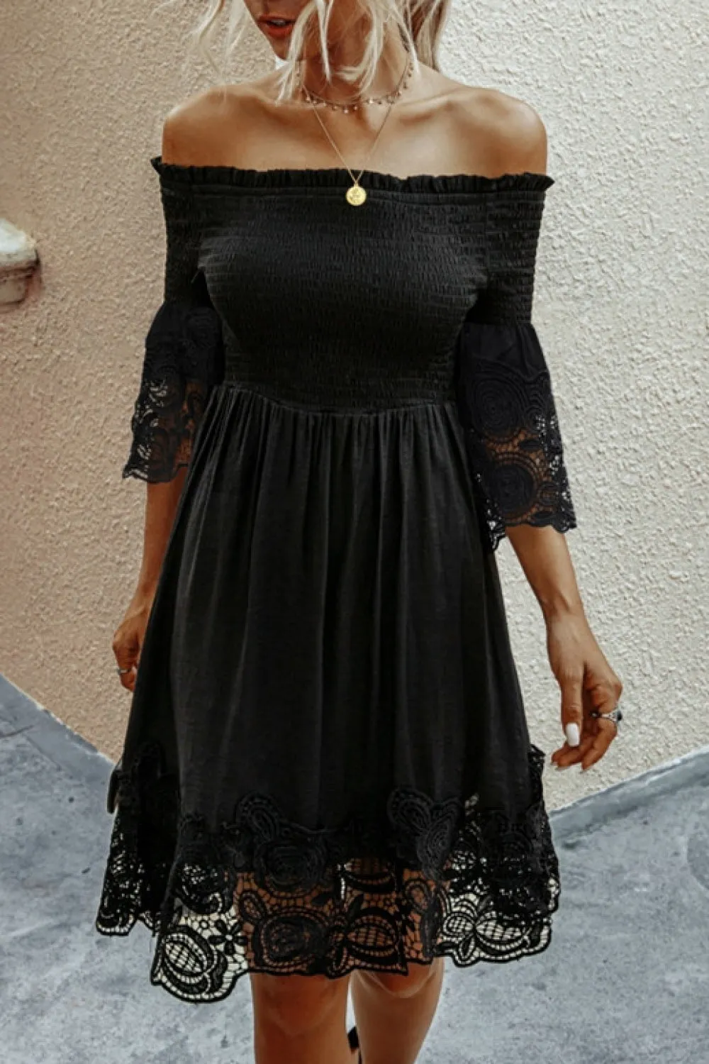 Off The Shoulder Plain Lace Dress