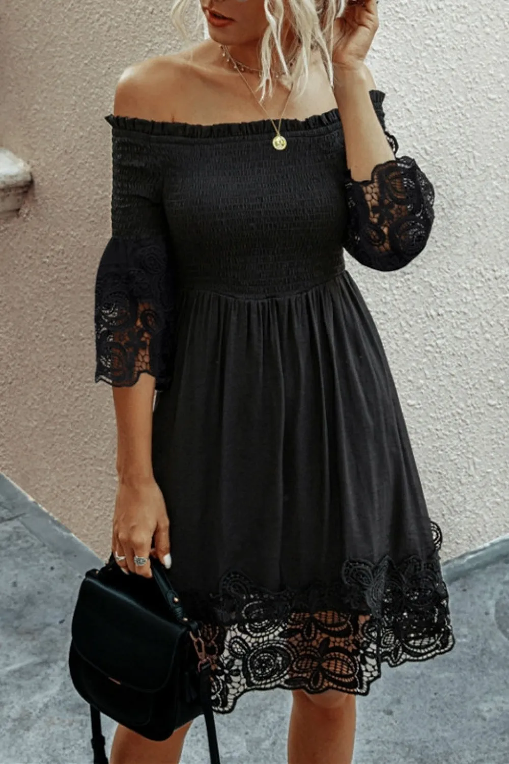 Off The Shoulder Plain Lace Dress