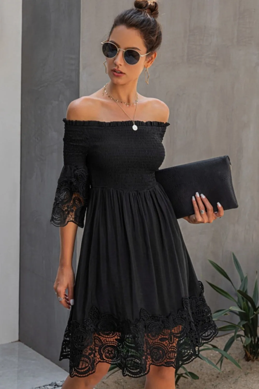 Off The Shoulder Plain Lace Dress