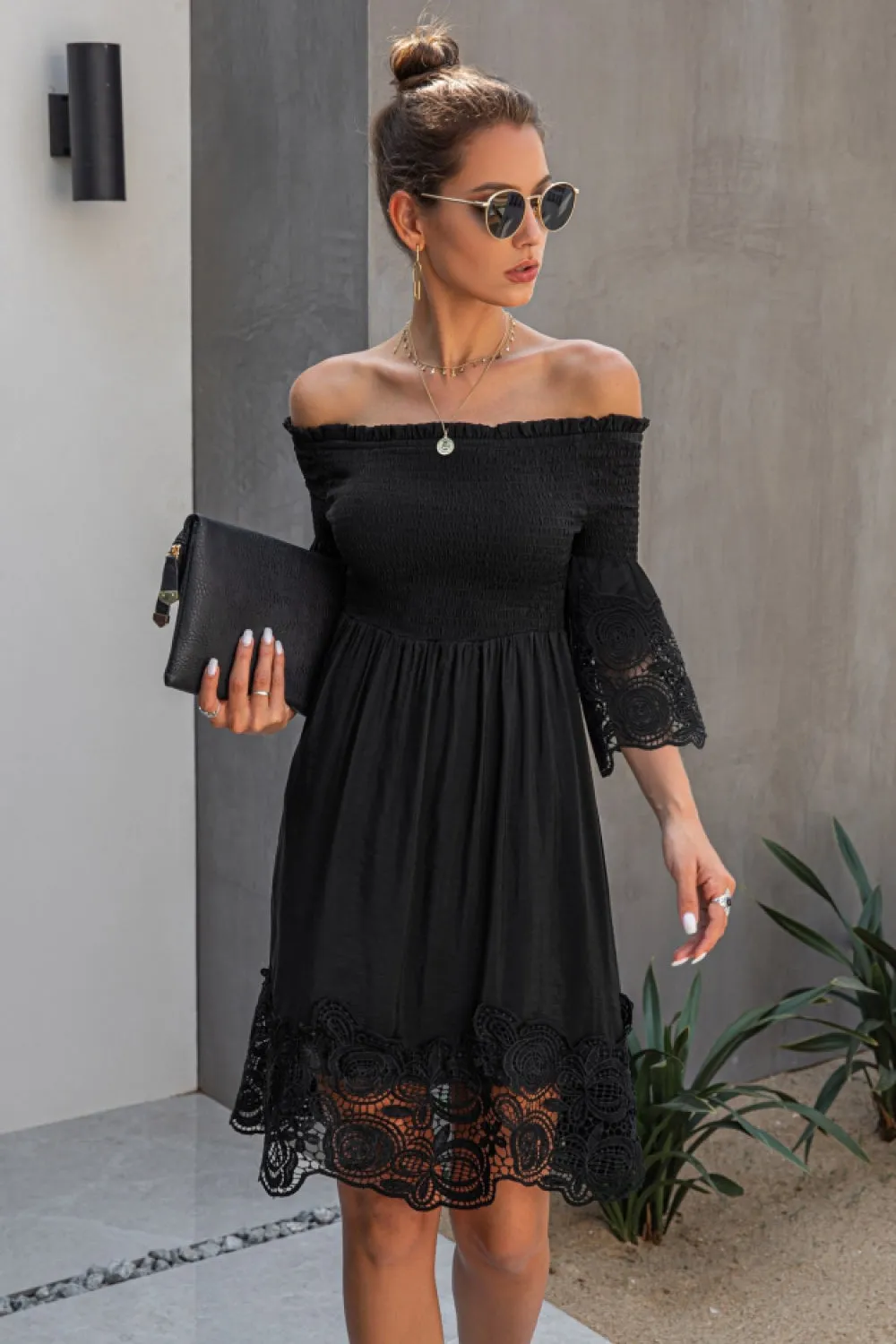 Off The Shoulder Plain Lace Dress