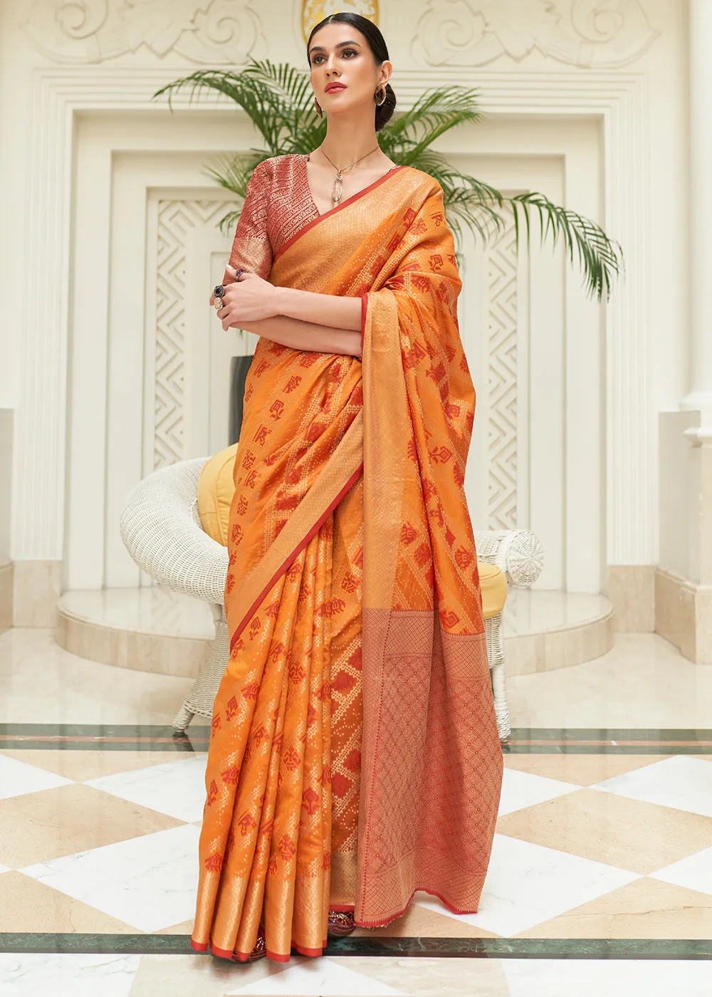 Orange & Red Zari Woven Patola Silk Saree