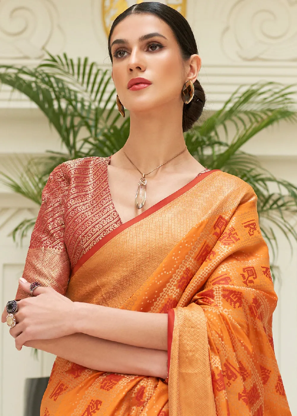 Orange & Red Zari Woven Patola Silk Saree