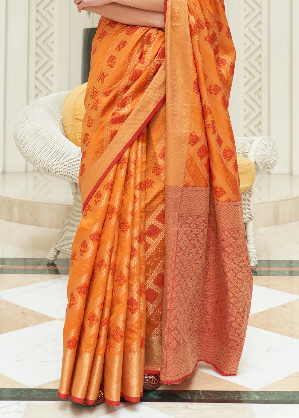 Orange & Red Zari Woven Patola Silk Saree