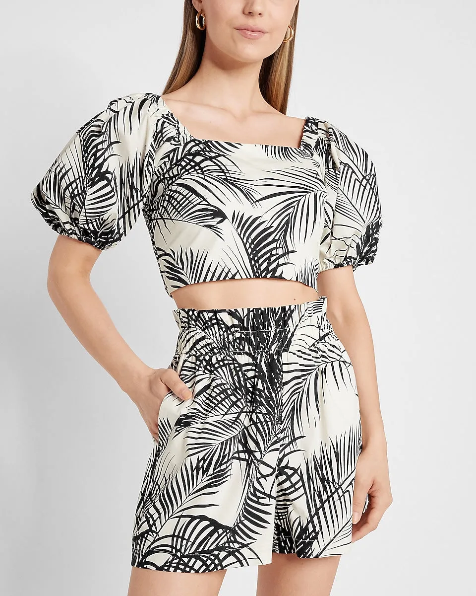 Palm Print Puff Sleeve Square Neck Cropped Top in Black Print