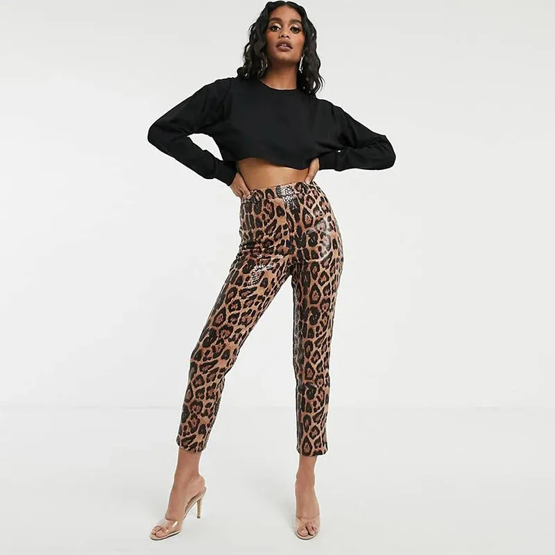 PU Leather Leopard Print Pencil Pants