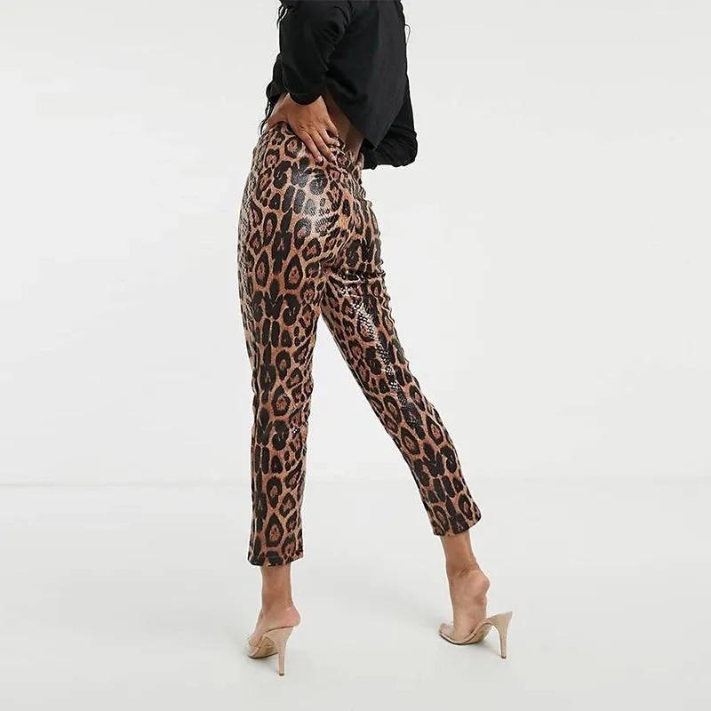 PU Leather Leopard Print Pencil Pants