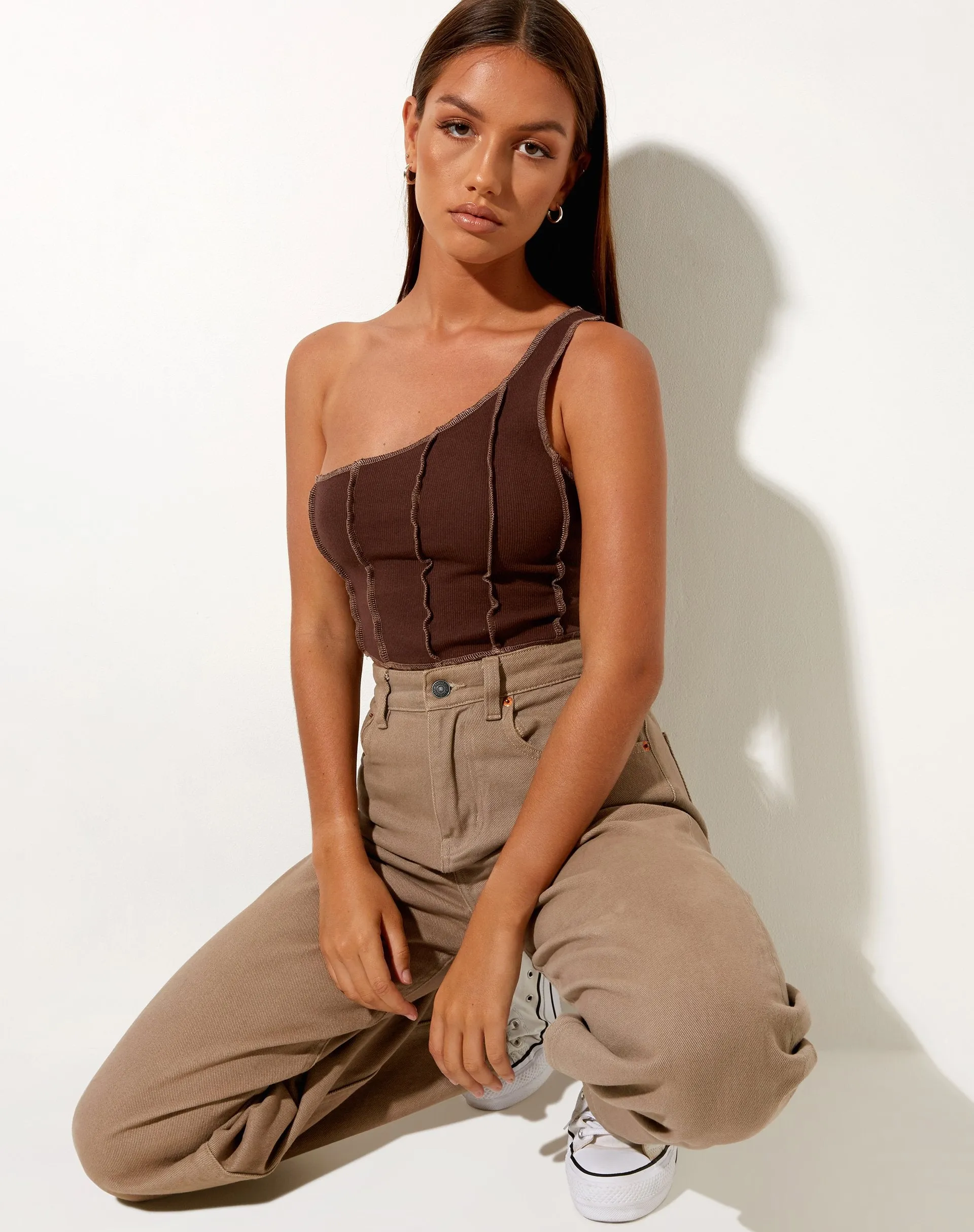 Rara Crop Top in Rib Deep Mahogany with Brown Stitching