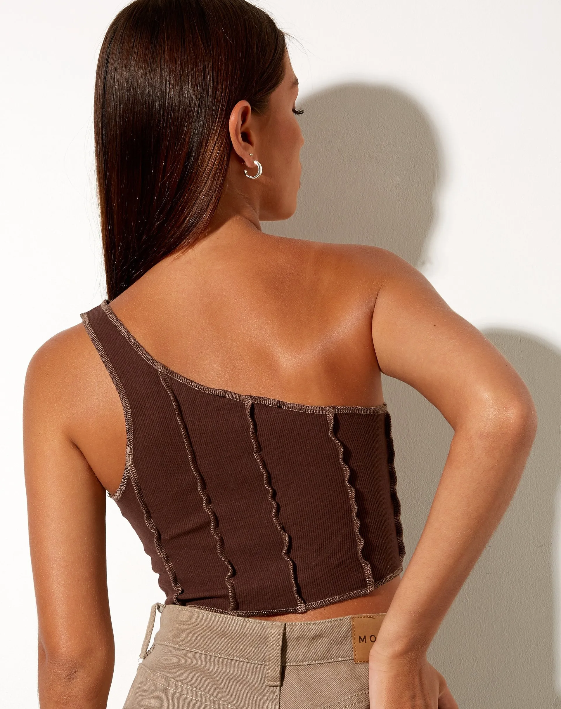 Rara Crop Top in Rib Deep Mahogany with Brown Stitching