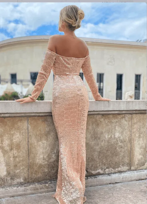 Sequined Off-Shoulder Fishtail Dress