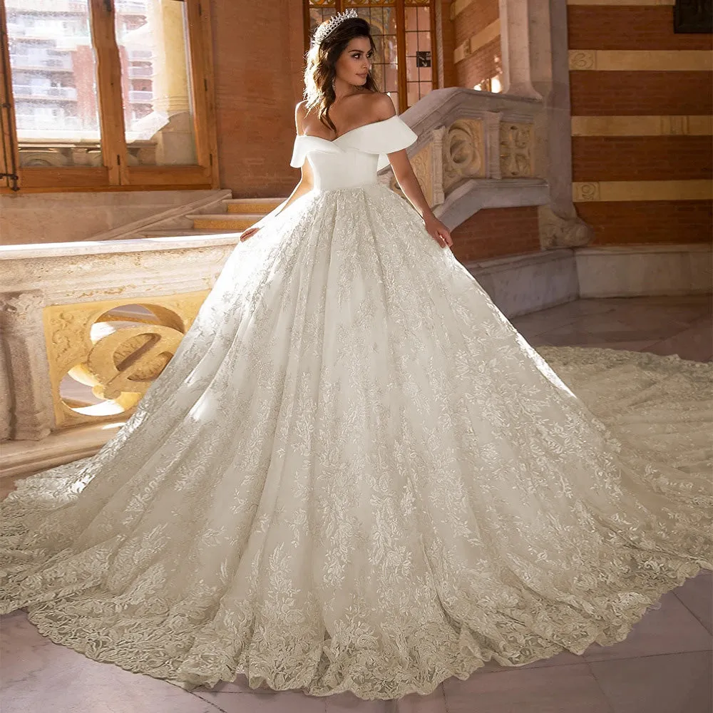 Sexy Boat Neck Backless Lace Ball Gown Wedding Dress Elegant Cathedral Train