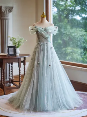 Sexy Green Tulle Sequins Off the Shoulder Flower Prom Dress