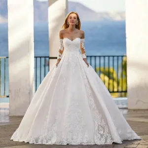 Sexy Sweetheart A-Line Long Sleeve Lace Vintage Wedding Dress Luxury Sweep Train Bride Gown