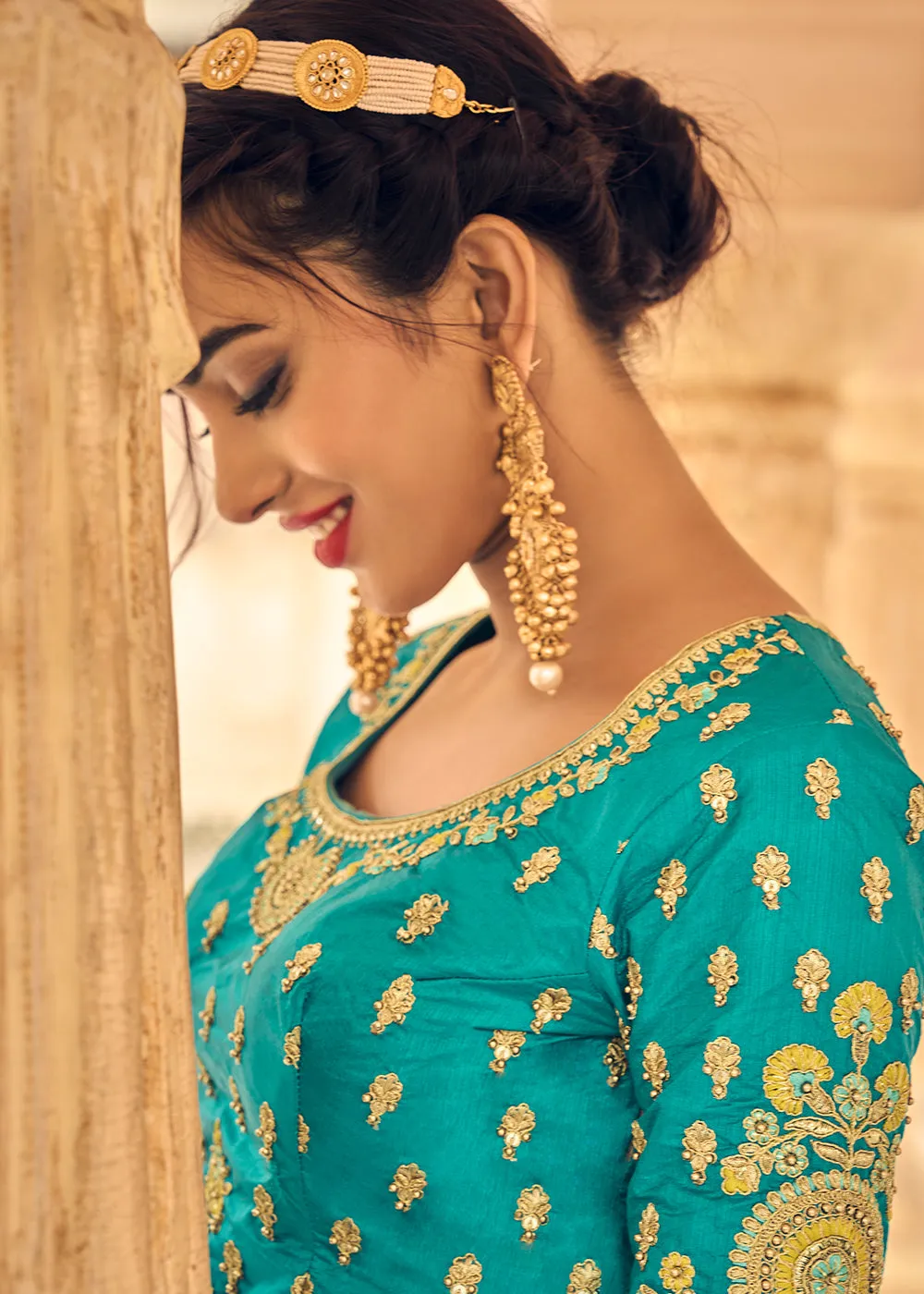 Shades Of Blue Banarasi Silk Lehenga Choli with Heavy Embroidery Work