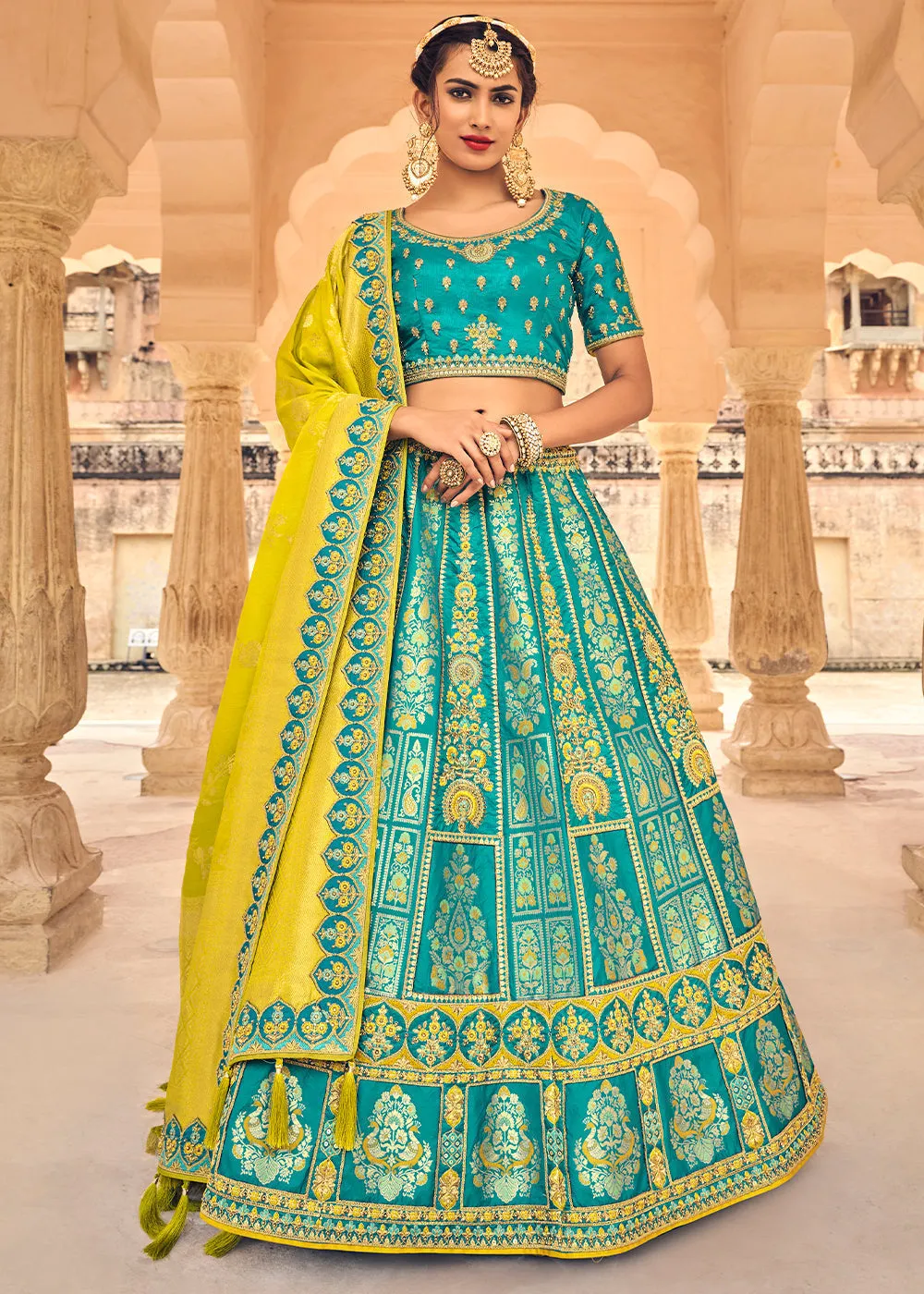 Shades Of Blue Banarasi Silk Lehenga Choli with Heavy Embroidery Work