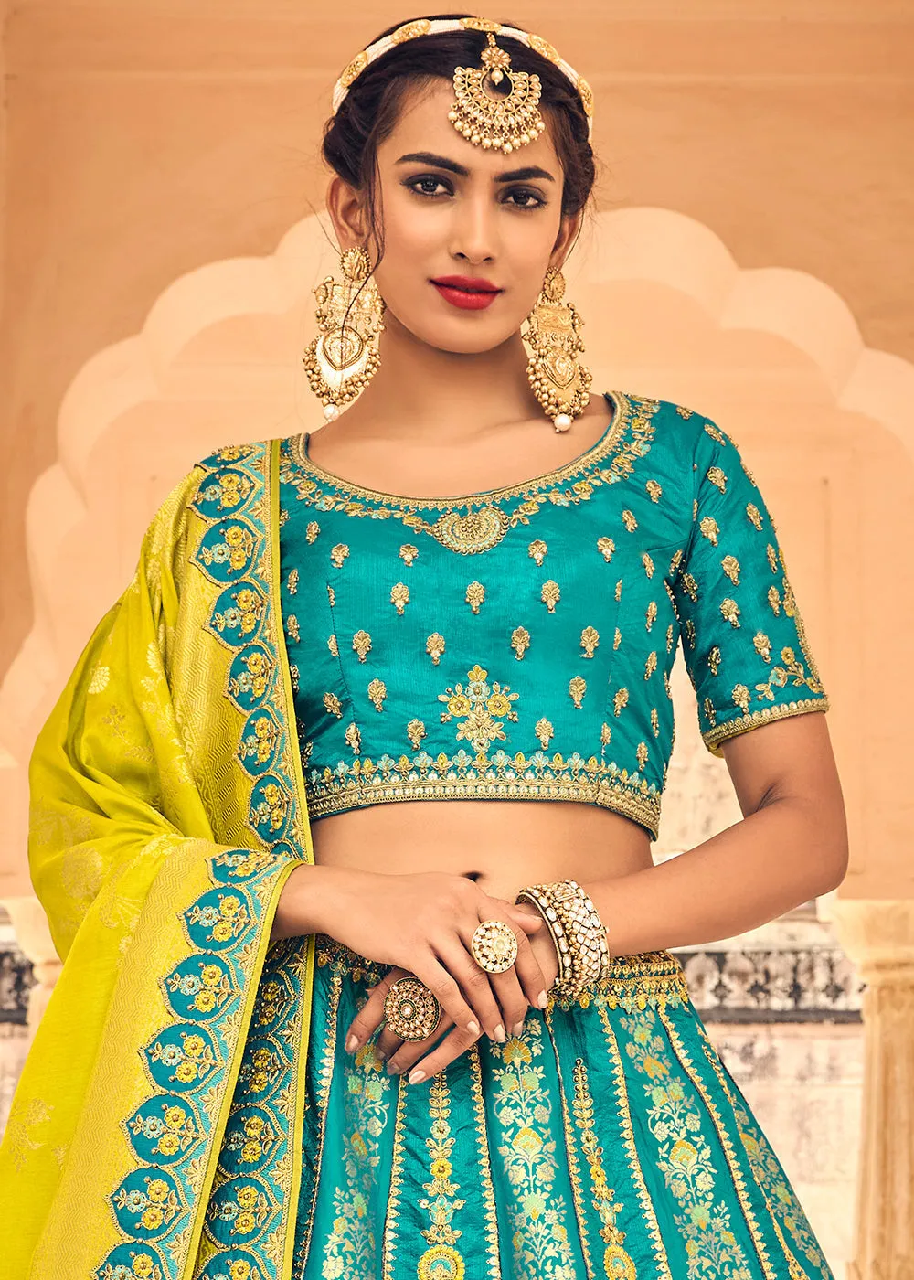 Shades Of Blue Banarasi Silk Lehenga Choli with Heavy Embroidery Work