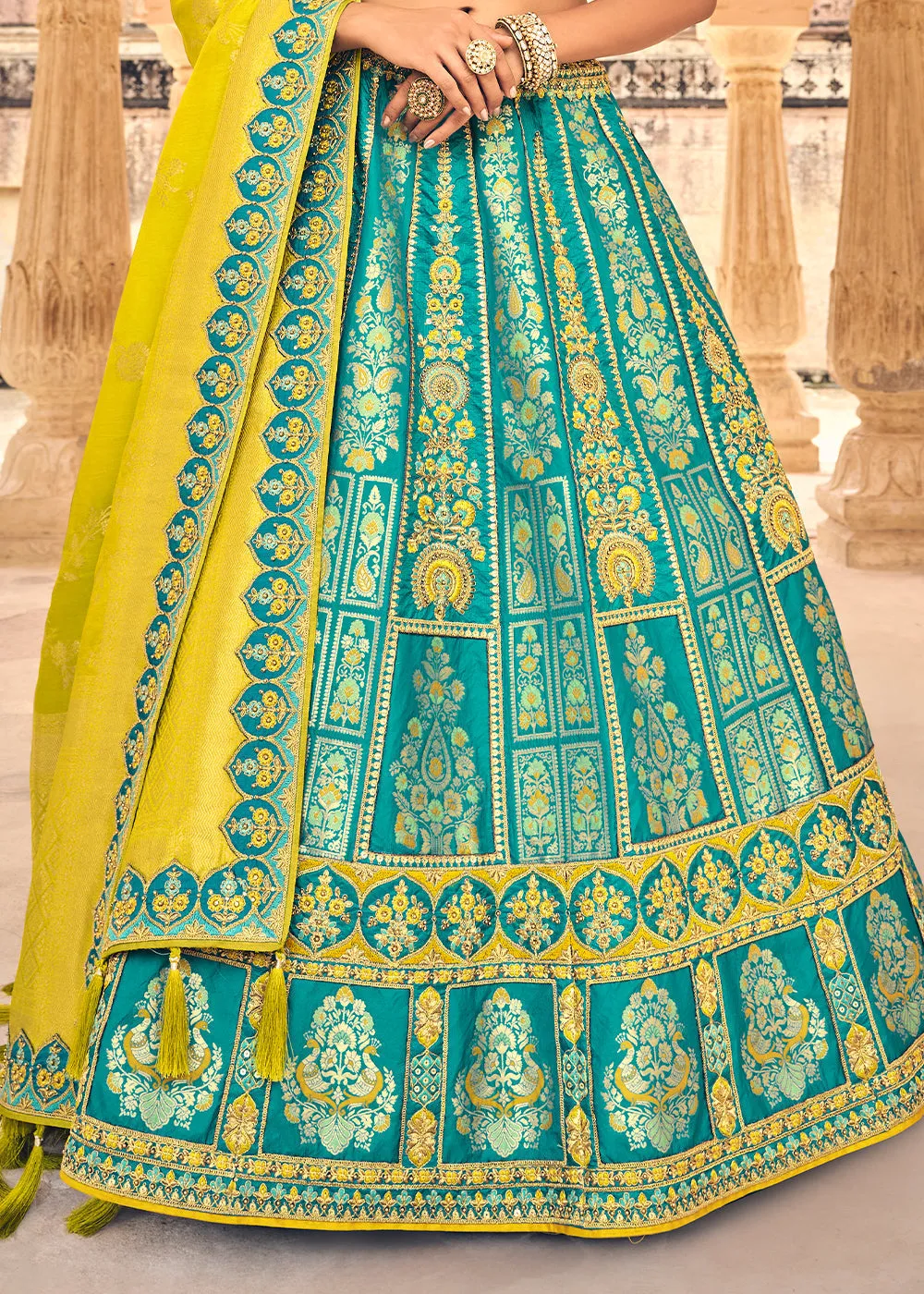 Shades Of Blue Banarasi Silk Lehenga Choli with Heavy Embroidery Work