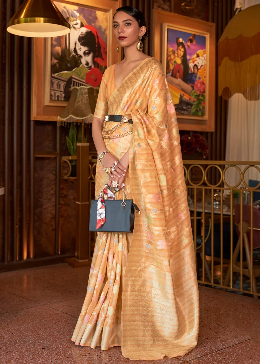 Shades Of Orange Handloom Weaving Linen Silk Saree