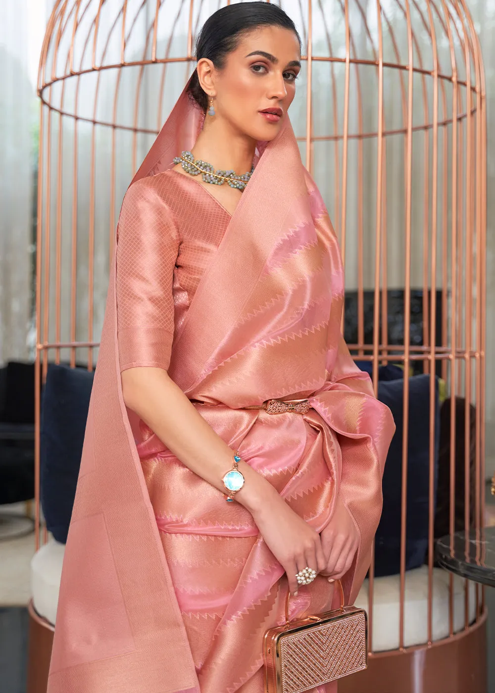 Shades Of Pink Lehariya Handloom Weaving Organza Silk Saree