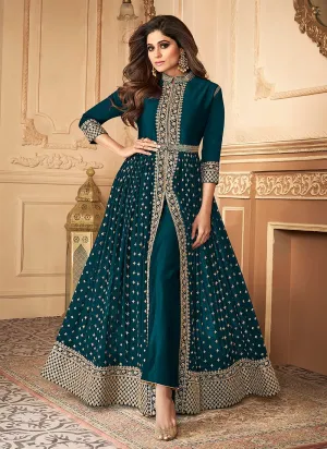 Shamita Shetty Teal Blue Front Slit Georgette Anarkali Suit