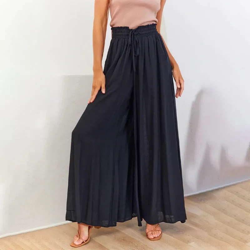 Solid Color Drawstring Elastic Waistband Pocketed Wide-Leg Pants