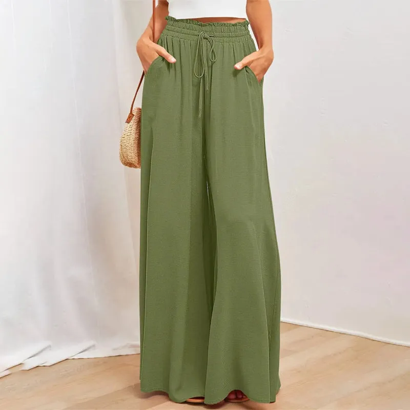 Solid Color Drawstring Elastic Waistband Pocketed Wide-Leg Pants