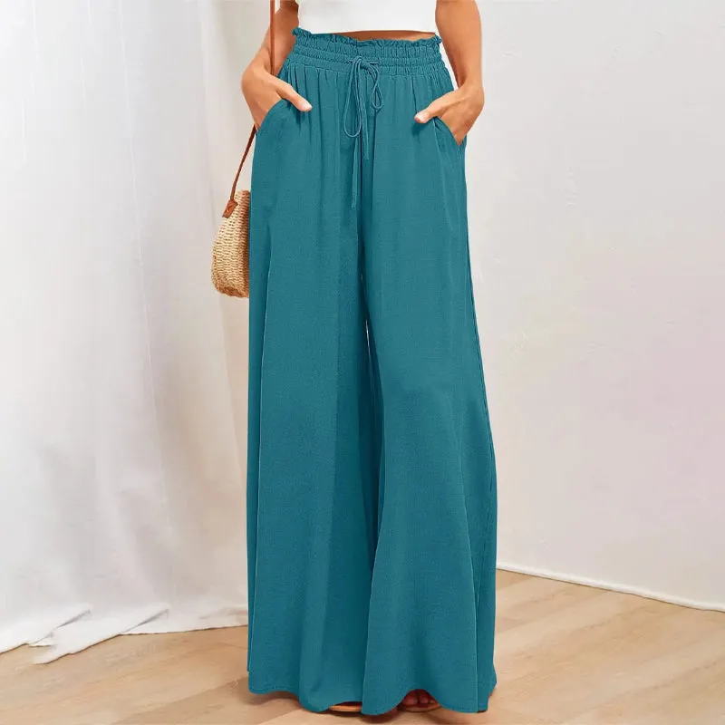 Solid Color Drawstring Elastic Waistband Pocketed Wide-Leg Pants