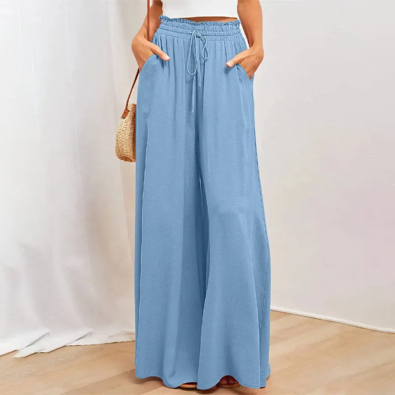 Solid Color Drawstring Elastic Waistband Pocketed Wide-Leg Pants