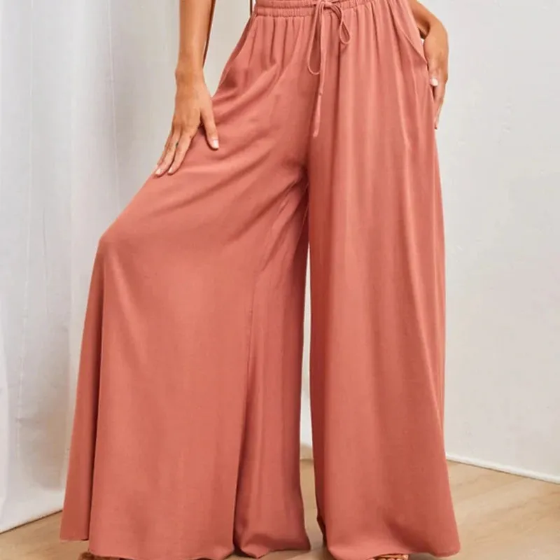 Solid Color Drawstring Elastic Waistband Pocketed Wide-Leg Pants