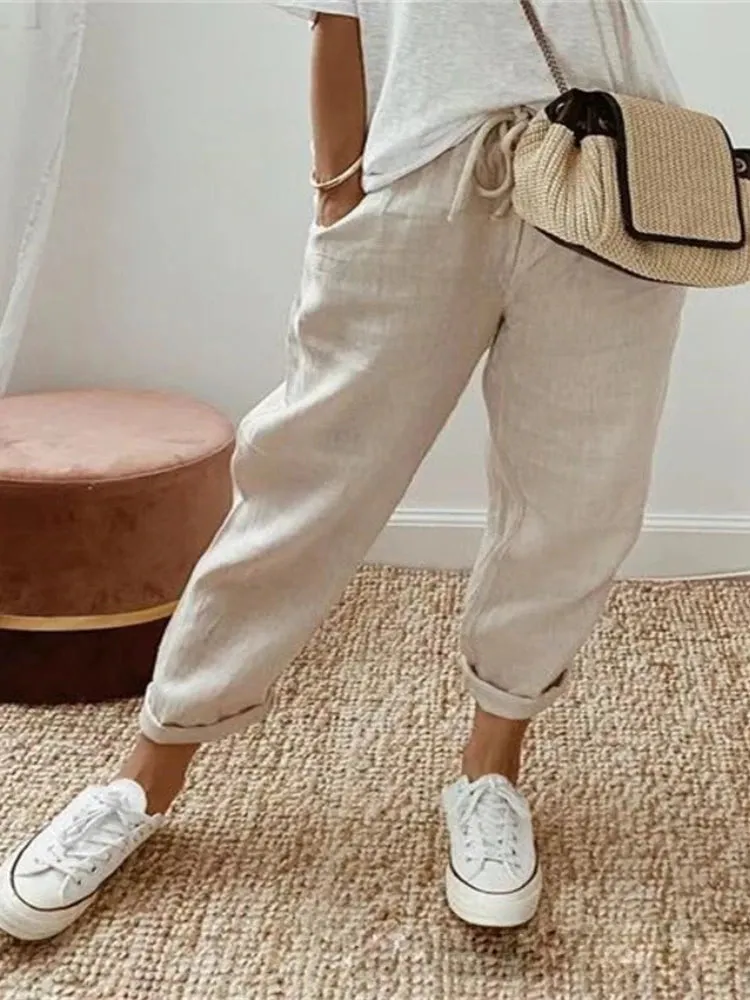 Spring Summer Cotton Linen Pants Women's Solid Elastic High Wasit Lace Up Pockets trouser Ladies Loose-fitting Nine Points Pants