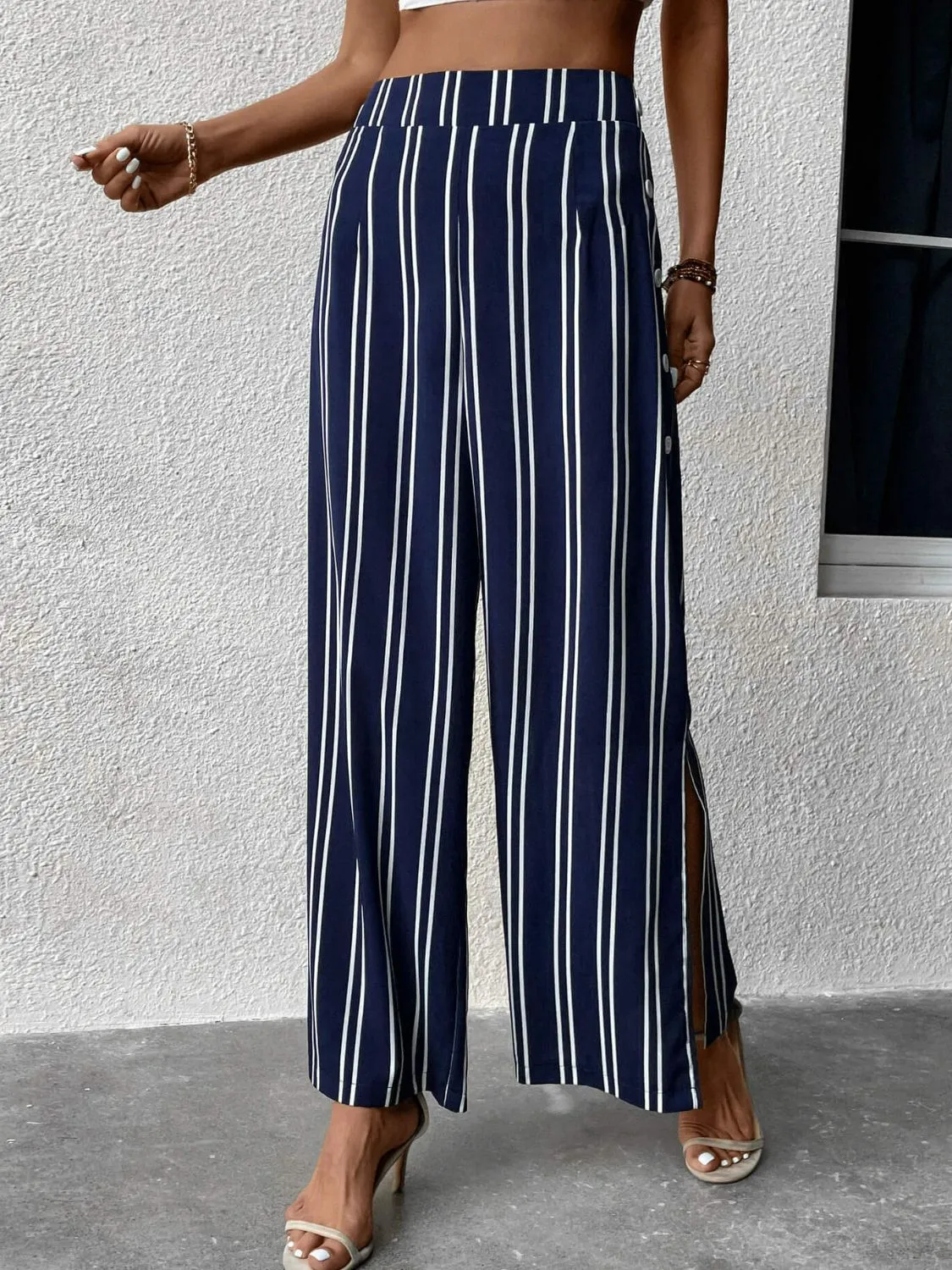 Striped Slit Wide Leg Pants