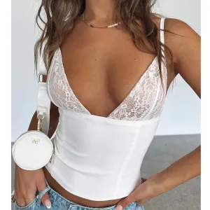 Summer Women Sling Popular Lace Mesh Patchwork Sling See through Backless Sexy Short Top