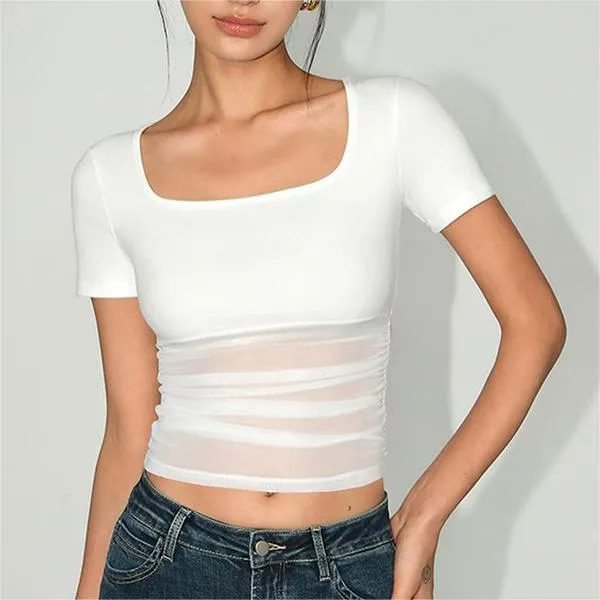 Sweet Sexy Square Collar Low Cut Solid Color Slightly See through Shoulder Short T shirt Slim Fit Slimming