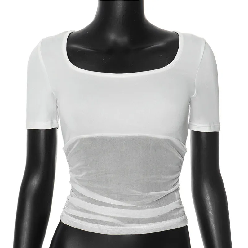 Sweet Sexy Square Collar Low Cut Solid Color Slightly See through Shoulder Short T shirt Slim Fit Slimming