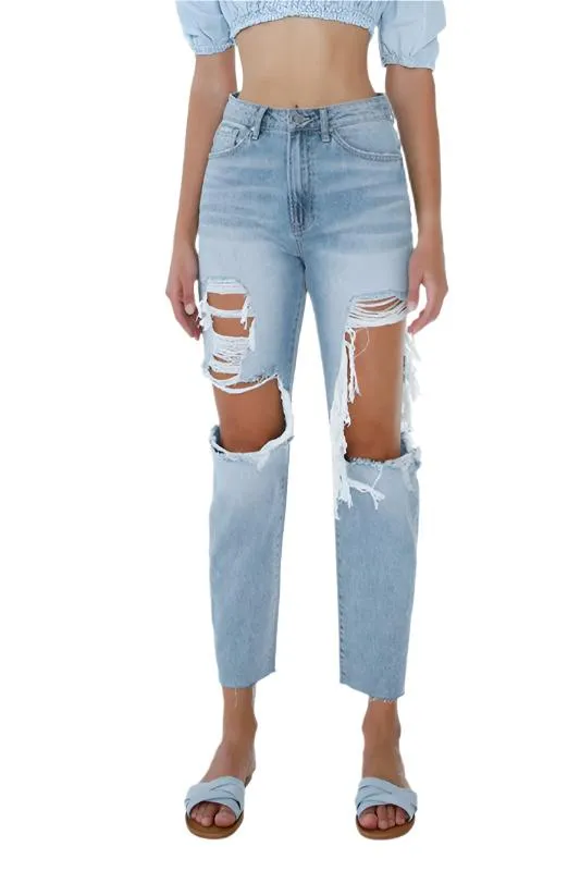 TEEK - Light Wash Ripped Raw Hem Boyfriend Jeans