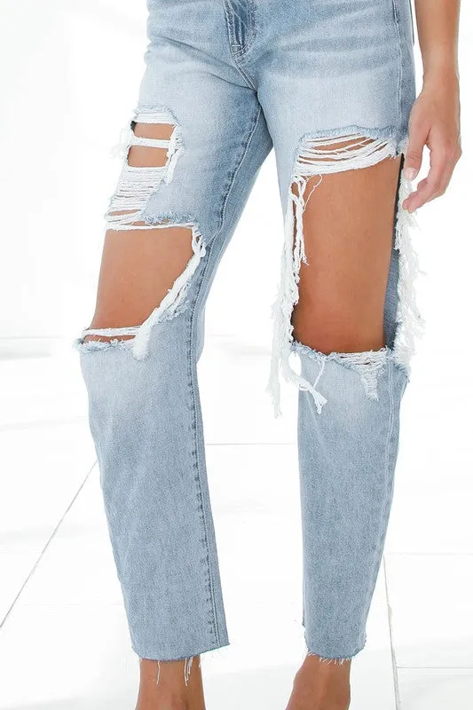 TEEK - Light Wash Ripped Raw Hem Boyfriend Jeans