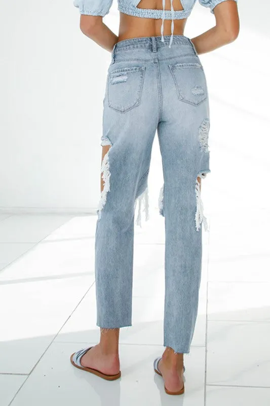 TEEK - Light Wash Ripped Raw Hem Boyfriend Jeans