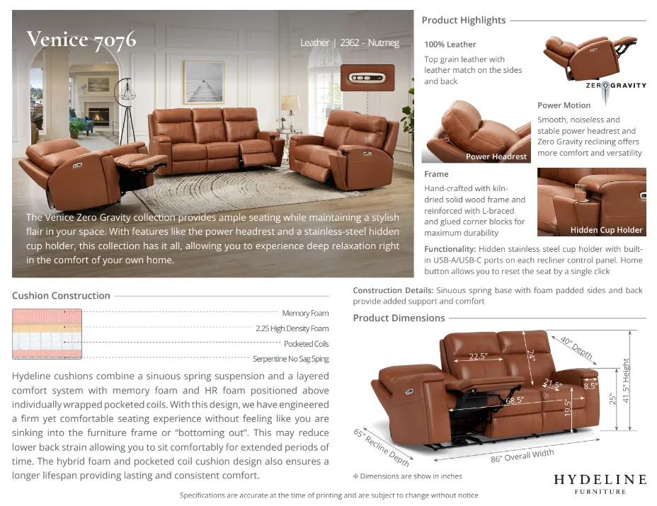 Venice Power Headrest Zero Gravity Reclining Sofa Collection