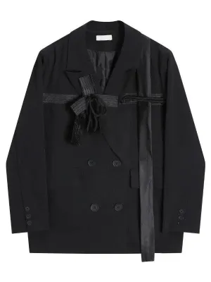 Wenkouban-Winter outfits Christmas Black Friday Ribbon Bow Double Breasted Fashion Black Blazer