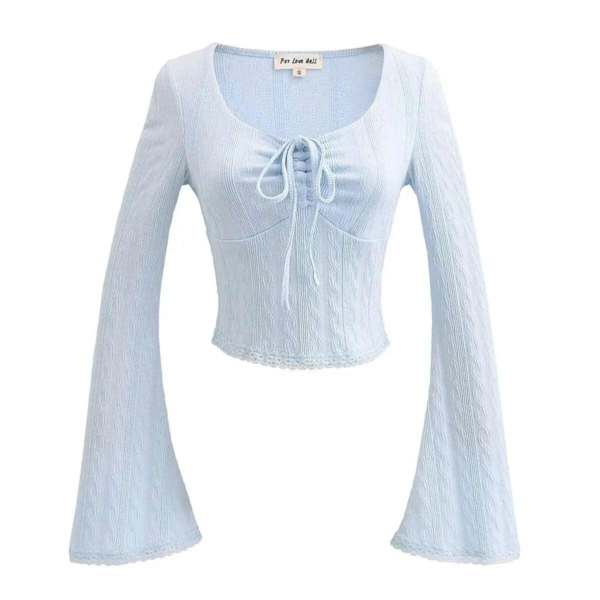 Women Two Color Jacquard Knitted Butterfly Tie Neck Flared Sleeves Lace Knitted Top