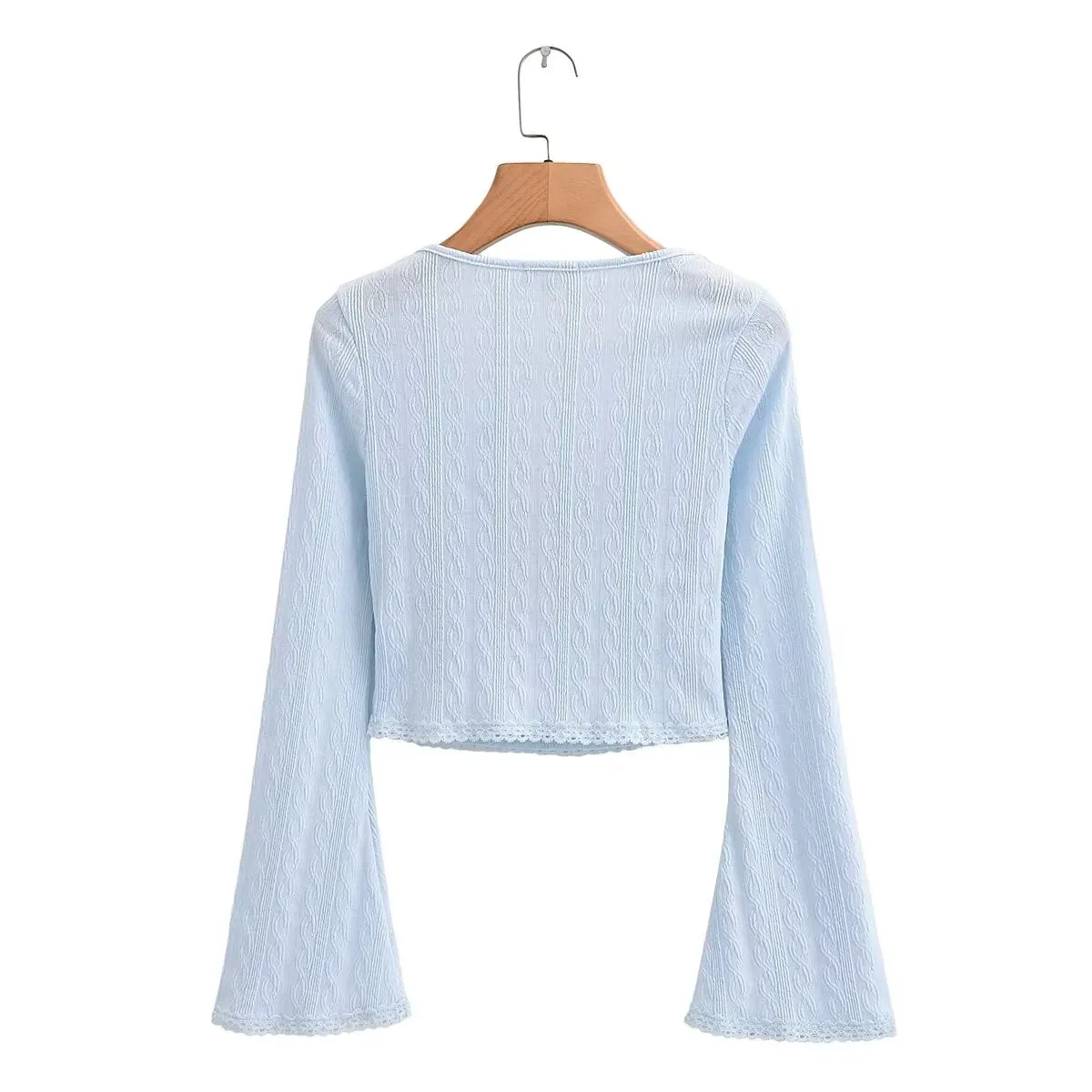 Women Two Color Jacquard Knitted Butterfly Tie Neck Flared Sleeves Lace Knitted Top