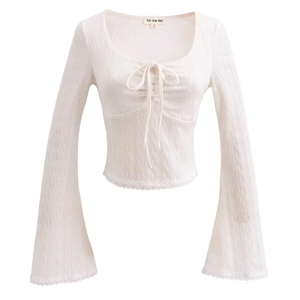 Women Two Color Jacquard Knitted Butterfly Tie Neck Flared Sleeves Lace Knitted Top