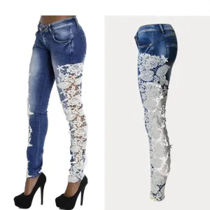 Women's Mid-Waist Tight Skinny Hollowed Out Lace Jeans