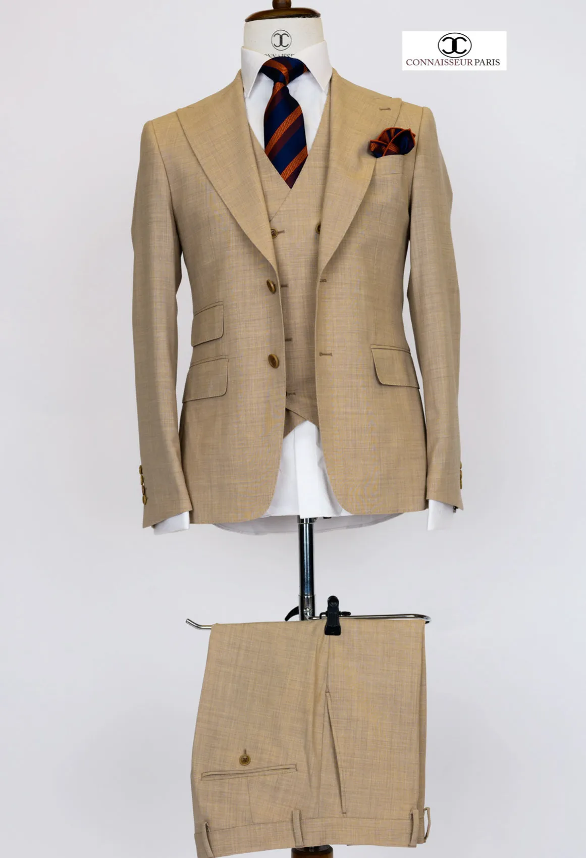 Zignone - Beige 3-piece slim fit suit with wide lapel and patch pockets and double breasted V vest