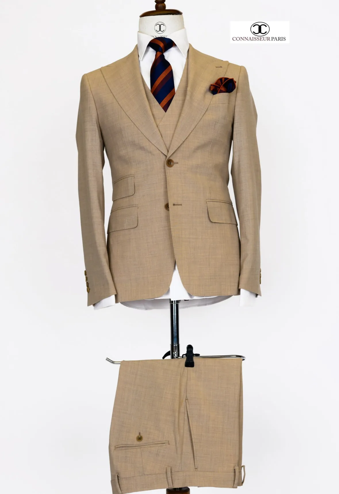 Zignone - Beige 3-piece slim fit suit with wide lapel and patch pockets and double breasted V vest