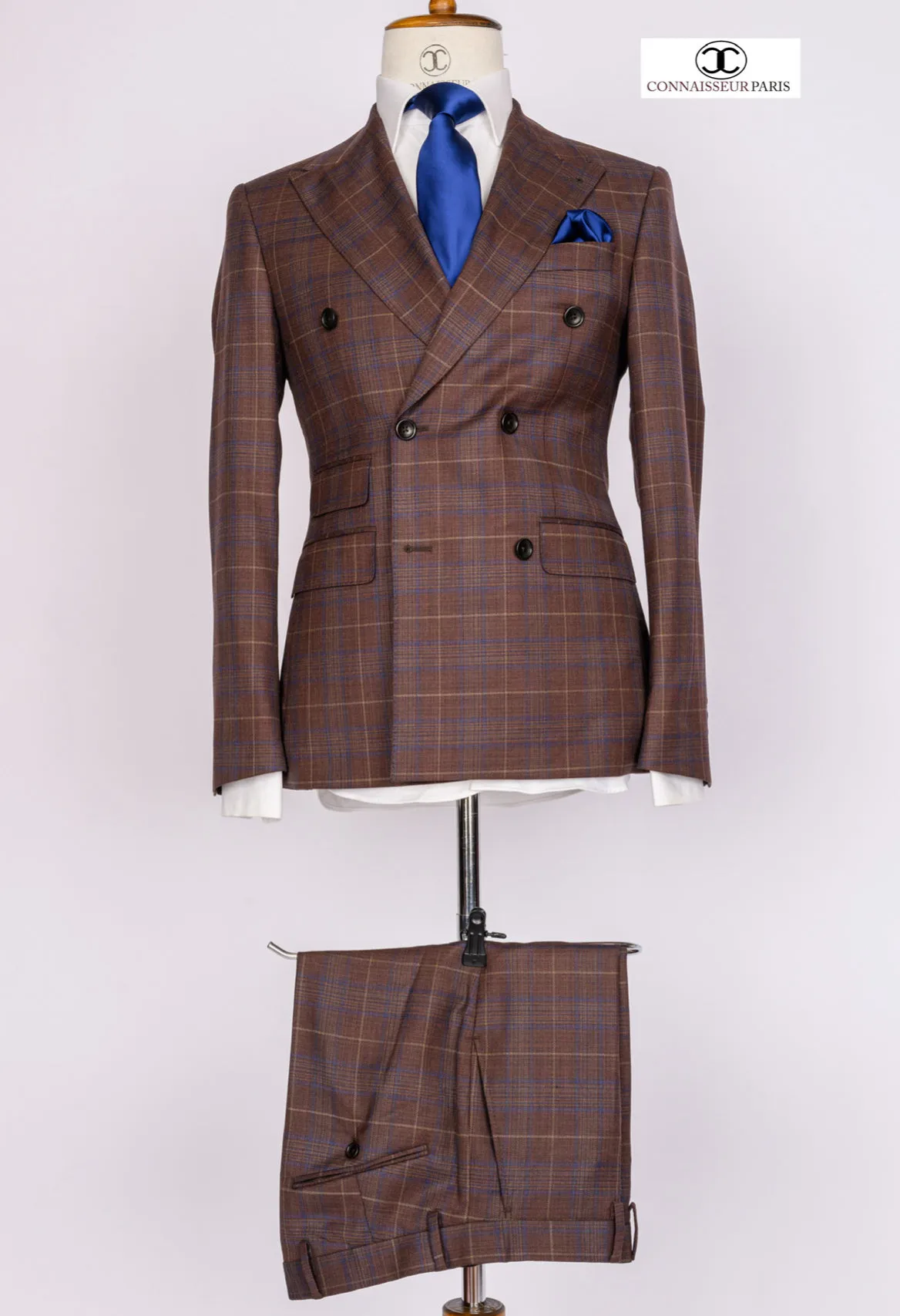 Zignone - Coffee brown checkered double breasted 2-piece slim fit suit with wide lapel