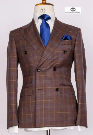 Zignone - Coffee brown checkered double breasted 2-piece slim fit suit with wide lapel